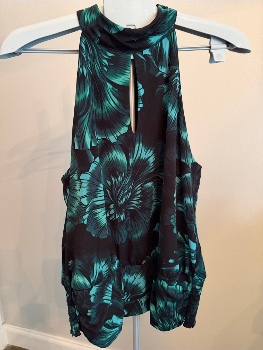 White House Black Market Black Top with Teal Floral Print